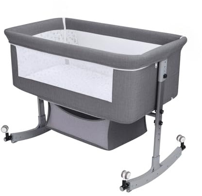 Makamsui Nachttisch Krippe für Baby, tragbare Neugeborene Baby Stubenwagen Nachttischschläfer mit großer Krümmungswiege, höhenverstellbar, beweglich neben Stubenwagen mit Moskitonetz, Grau