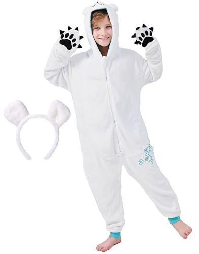 corimori Flauschiges Eisbären-Kostüm für Kinder mit Haarreif | Karneval Fasching Kostüm Onesie für Mädchen, Jungen | Körpergröße 110-130cm