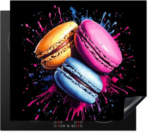 KitchenYeah© Herdabdeckplatte 60x52 cm Einteilig Küche Herdabdeckung Induktionsfeld Ceranfeld Herdabdeckplatten Vinyl Matte Aufrollbar Makronen - Graffiti - Farbenfroh - Rosa - Blau - Gelb