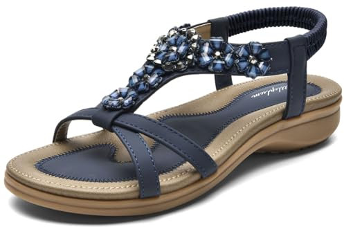 Littleplum Sandales Femmes Chaussures Plates avec Strass Perles Sandales Femmes,Bleu,41EU