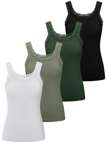 Lasnten 4 Pieces Lace Camisole Tank Tops for Women Ribbed Cami Top Lacework Undershirt Patchwork Tank Lace Trim Cami