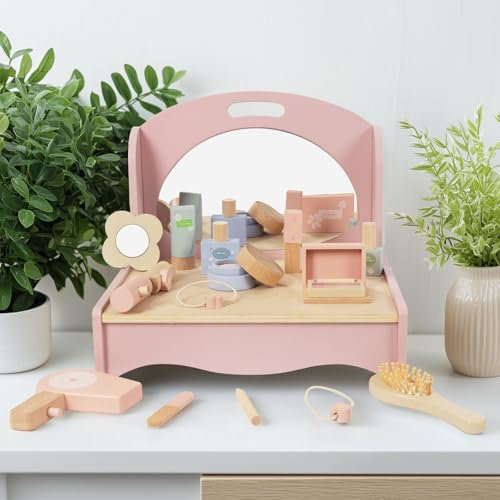 WOODENFUN Rosa Mädchen Holz Desktop Schminktisch, Faltbarer Schminktisch, ausgestattet mit 14-Make-up Zubehör