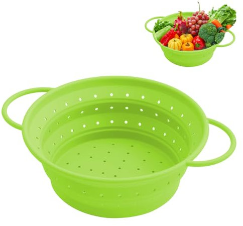 Faltbarer Seiher Sieb, 25 cm Folding, Abtropfsieb aus Silikon, Küchen Sieb, Faltbares Abtropfsieb, Küchenzubehör Set, Praktisch Zum Kochen und Abtropfen, Grüner