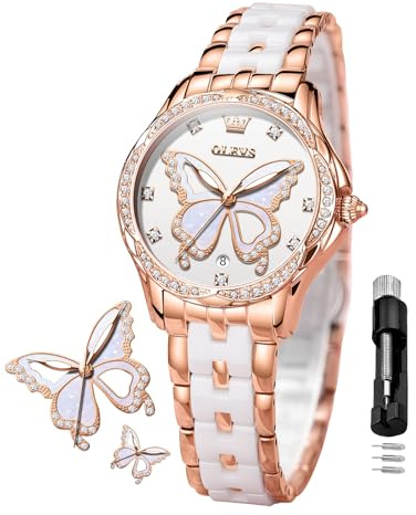 OLEVS Damen-Diamantuhr Elegante Luxus-Armbanduhr Damenuhr aus Roségold mit Keramikglas