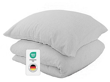 jilda-tex Bio-Bettwäsche Musselin Medina 100% Bio-Baumwolle Reißverschluss Knitterlook Bügelfrei Uni Made in Green (Hellgrau, 100x135 + 40x60 cm)