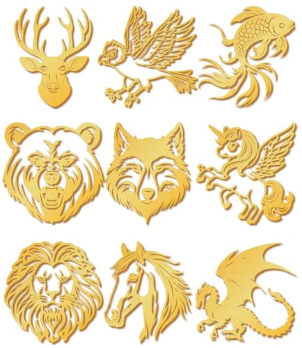 craspire 9 Stück 1.5 Zoll Tiermuster Gold Metall Aufkleber Aufkleber Hirsch Vogel Tiger Löwe Drache Geprägt Selbstklebend Wasserdicht Pinzette Etiketten Aufkleber Für Kartenherstellung Scrapbook DIY
