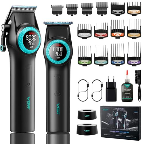 VGR 001 & 977 Profi Haarschneider für Herren Mit DLC-Beschichteten Klingen | Schnurlose Friseurschermaschine zum Haarschneiden, Karbonstahlklinge Haarschneider für Barbiere, LED-Anzeige