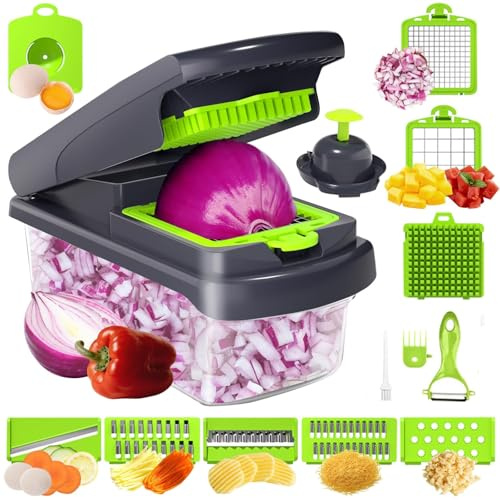 15 in 1 Gemüseschneider, Gemüseschneider Multifunktional, Mandoline Gemüsehobel, Zwiebelzerkleinerer, Salatzerkleinerer, 8 Austauschbare Edelstahl, Schneiden und Würfeln, Mit Schälmesser, Handschutz