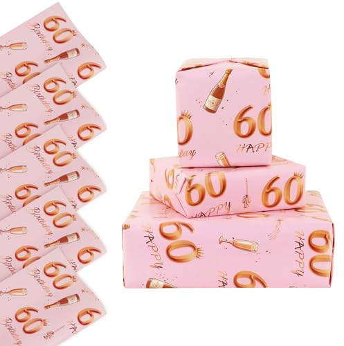 Geschenkpapier zum 60. Geburtstag, 5 Bögen, 70 x 50 cm, Roségold, Rosa, Happy Birthdays, Geschenkpapier für Frauen, Dekorationen zum 60. Geburtstag, recycelbar