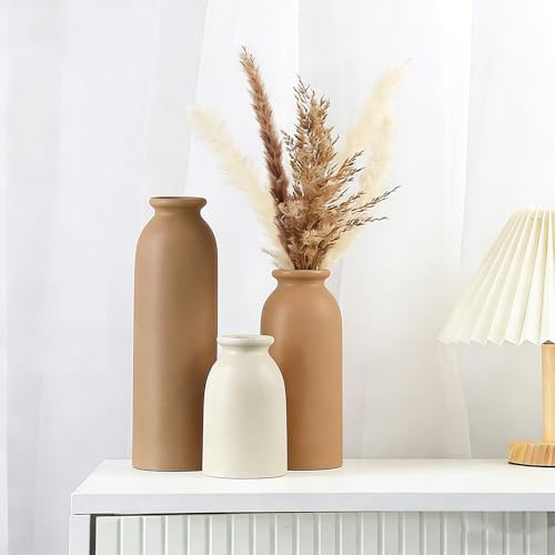 Keramikvase 3er-Set, Moderne böhmische Bauernhausdekoration, Moderne Bauernhausdekoration, für Wohnzimmer, Tisch, Regal, Eingangsbereich. (Beige Braun)