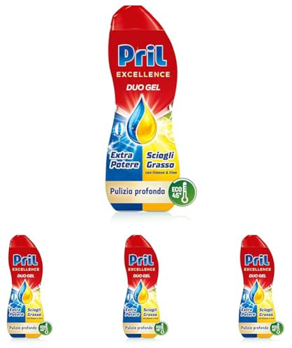 Pril Excellence Duo Gel, Detersivo lavastoviglie Gel, azione sciogligrasso, con limone, Formato singolo da 45 Lavaggi (Confezione da 4)