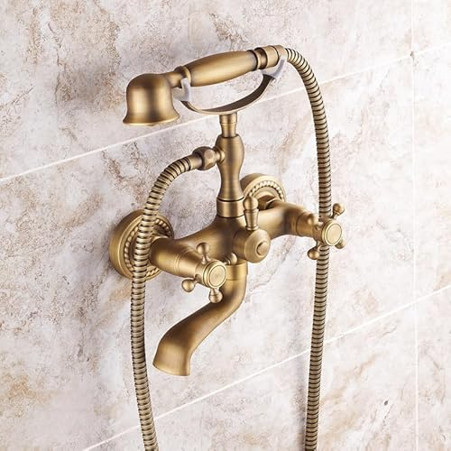 Antike Messing-Badewannenarmatur mit Handbrause, Wandmontage, Doppel-Kreuzgriff, Retro-Dusch-Set, klassischer Badezimmer-Wasserhahn für Vintage-Stil
