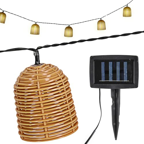 Cepewa LED Solar Lichterkette Rattan_Optik | Kunststoff 380x6,5x5,5cm akkubetrieben | 10 Lampenschirme warmweiß Zuleitung 2m | On-/Off-Schalter IP44 Solarleuchte