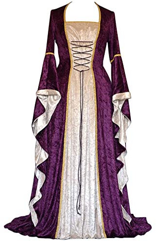 AnyuA Femmes Robe Medievale Manches Flares Vintage Deguisement avec Broderie Floor Length Violet M
