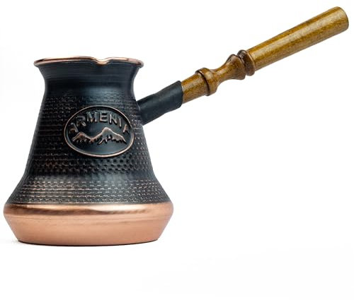 Handmade Armenian Coffee Pot Maker (7.6 Fl Oz) Copper Jazva Ararat Turkish Arabic Greek Cezve Jezve Ibrik Turka Jazzve Jazve Wooden Handle (7.6 Fl Oz (225ml))