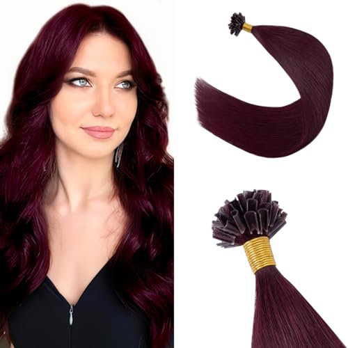 Extensions Echthaar Bondings Haarverlängerung Glatt Natürlich Weich Haarteil Keratin U Tip 1 Gramm/Strähne 50 Gramm 50cm 99J# Weinrot