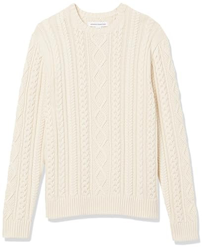 Amazon Essentials Maglione da Pescatore Girocollo a Coste a Manica Lunga in Cotone 100% Uomo, Bianco Sporco, XL