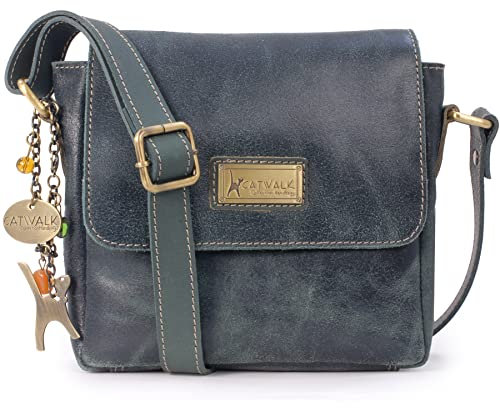 Catwalk Collection Handbags - Damen Antik - Leder Umhängetasche - Crossbody Bag Klein - Messenger Bag - Verstellbarer Schultergurt - Sabine - Grün