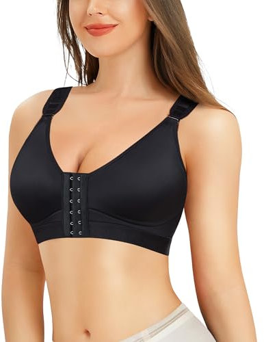 Bafully Postoperativer Halt Sport BH für Damen Vorderverschluss Racerback Abnehmbar Gepolsterter BH (Schwarz, XL)