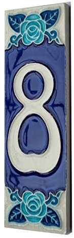 Numero civico Fosforescente dipinto a mano in ceramica italiana con numeri e lettere piastrelle, Rose Design, Piastrelle Dimensioni: 15cm x 5cm (numero 8)
