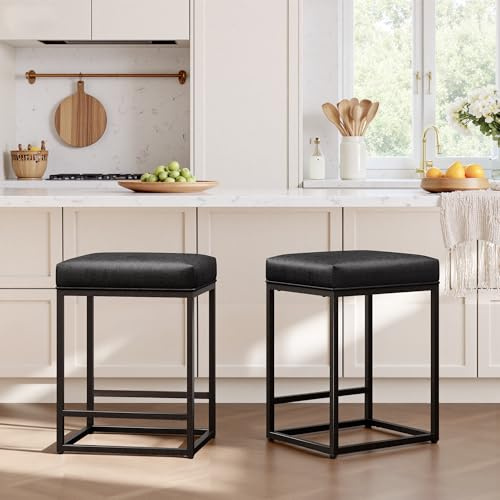 ALPHA HOME Bar Stools Set of 2 Black, 24 Inch Counter Height Stool with Footrest, PU Leather Bar Chair Backless, Kitchen Stools Dining Cafe Chair with Thick Cushion and Sturdy Metal Frame
