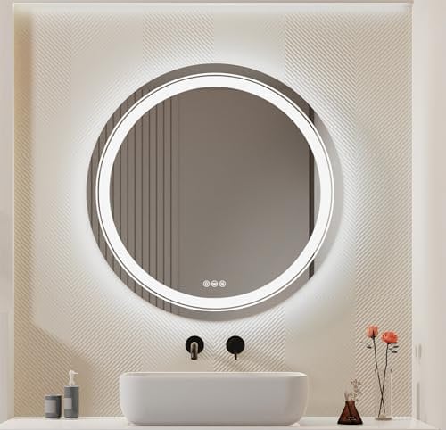 LUVODI LED Bathroom Mirror Round: 600mm Dimmable Illuminated Front Light + Backlit Circle Wall Vanity Mirror with 3 Colour Lighting Demisting Smart Button for Makeup Shaving