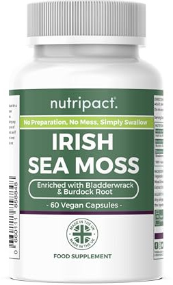 Nutripact Sea Moss Capsules, Bladderwrack and Burdock Root - 3280mg per Serving - One a Day High Strength - Easy to Swallow - Natural Source of Iodine - Chondrus Crispus - 60 Vegan Capsules