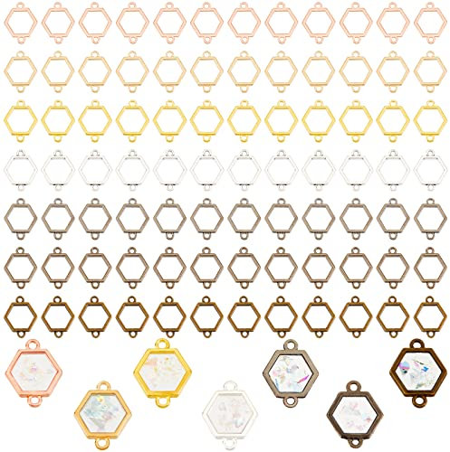 PandaHall 168 x Sechskant Verbindungsanhänger Mit Offener Lünette, 7 Farben Hohlrahmen Rohlinge Geometrische Link Anhänger Für DIY UV Harz Epoxidharz Ohrring Armband Schmuck, 20x15 mm