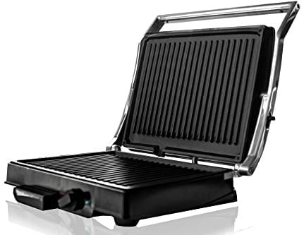 BEHOME Bistecchiera Elettrica con Doppia Piastra in Ghisa Antiaderente 1800 Watt | Barbecue Elettrico Temperatura regolabile e Vaschetta raccogli grasso