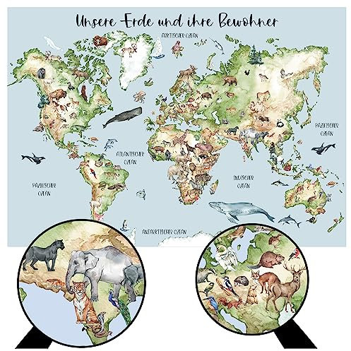 Schokoladenseite A0 (118x84 cm) xxl Kinderposter Weltkarte mit 160 Tierarten | Lernkarte für terra kids | Kinderzimmerposter modern Wanddekoration