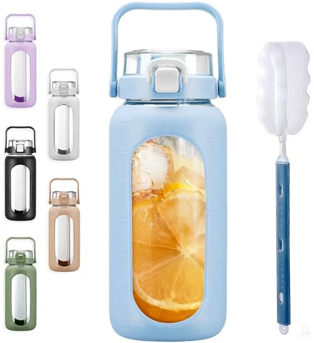 BLUEGO 2L Gourd en verre Avec paille Marqueur de temps Bouteille d'eau Motivation avec manchon en silicone 2 litres Grande carafe d'eau en Verre pour Gym, sports et entraînement, Bleu clair
