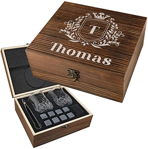 7-TLG Whisky Steine Set mit Gravur - Motiv Wappen - personalisiert - 2X Gläser, 9X Kühlsteine, 1x Beutel, 1x Zange - Tumbler, Glass - Scotch, Bourbon - Papa, Dad, Vater - Vatertag, Xmas