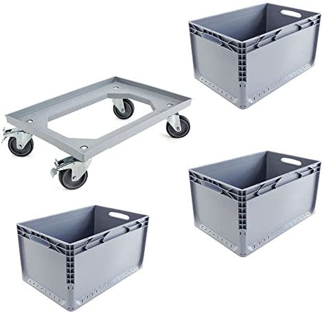 Set 3 Euroboxen + Rollwagen Transportwagen Transportroller Eurobehälter Lagerbox Grau Kistenroller Behälter Lagerkiste Stapelbox Lagerkasten Box Euronormbox Eurokiste Grau