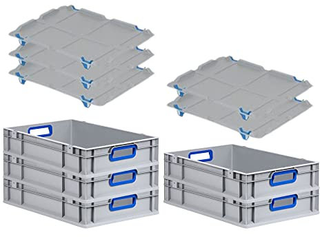 PROREGAL SuperSparSet 5x Eurobox NextGen Color mit Auflagedeckel & Schiebeschnappverschlüsse, HxBxT 12x40x60cm, 23L, Griffe blau offen, Glatter Boden, Eurobehälter Transportbox Transportbehälter