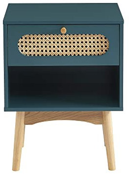 BAÏTA Nachttisch Sixtin Entenblau und Rattangeflecht, Blau