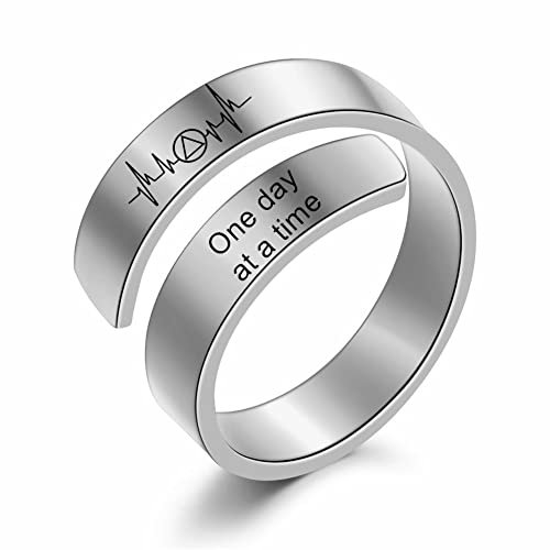 Inspirierende AA NA Nüchternheit Gold Manschetten Ring für Frauen Männer, One Day at a Time Herzbeart Statement Ring, Alkoholiker Anonyme Abstinenz Nüchternheit Wiederherstellung Schmuck Geschenke