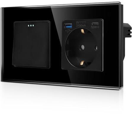 CNBINGO Presa Schuko con interruttore della luce, 1 scomparto a 1 via, presa in vetro da incasso con USB (tipo C e tipo A 3,1 Amp totale), moderna piastra da parete in cristallo con punti luminosi,