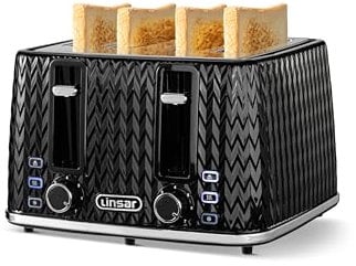 Linsar - 4 Slice Toaster - Unique Curved Texture - Defrost, Reheat, Cancel Functions - 7 Browning Levels, Wide Slots, Removable Crumb Tray - Automatic Switch Off - 1600 Watt (Black)