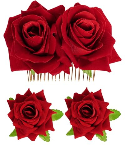 Topbuti Lot de 3 pinces à cheveux en forme de rose en tissu pour femmes et filles, mariage, fête des mères (rouge)