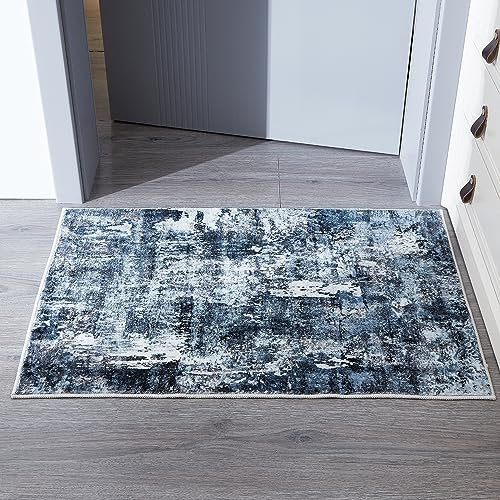 Rugcomf 2x3 Rug Washable Boho Rug Soft Small Area Rug Abstract Pattern Non-Slip Non-Shedding Faux Wool Vintage Persian Rug for Door Mat, Kitchen, Floor, Entryway, Powder Room, Blue