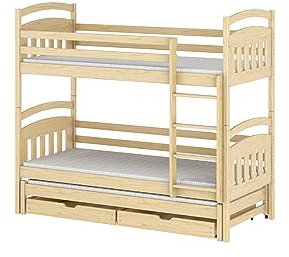 Dreifach-Etagenbett für Kinder Alan 90x200 Kiefer mit Schubladen für Bettwäsche, mit Ausziehbett, aus Holz