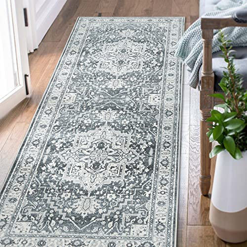 TOPICK Runner Rug Washable 60x180cm Grey Entryway Vintage Print Indoor Soft Rug Lightweight Non Slip Carpet for Kitchen Bathroom Entrance
