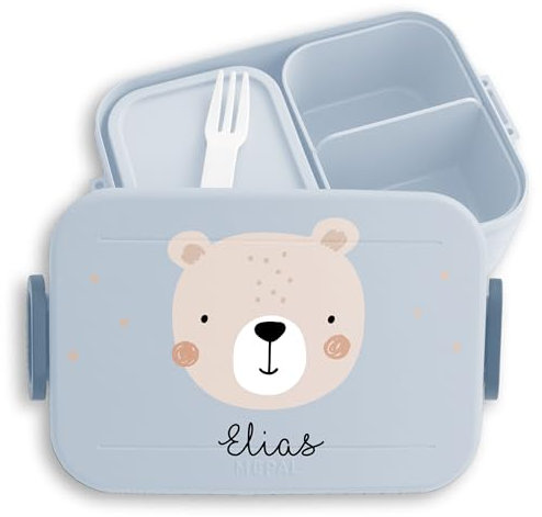 Kinder Bento Box Midi Lunchbox für Mepal Bentobox - Boho Bär Brotdose Bärenmotiv I Bären I Bear - 900 ml - Hellblau - kita geschenke einschulung jause bärchen snackbox dose name