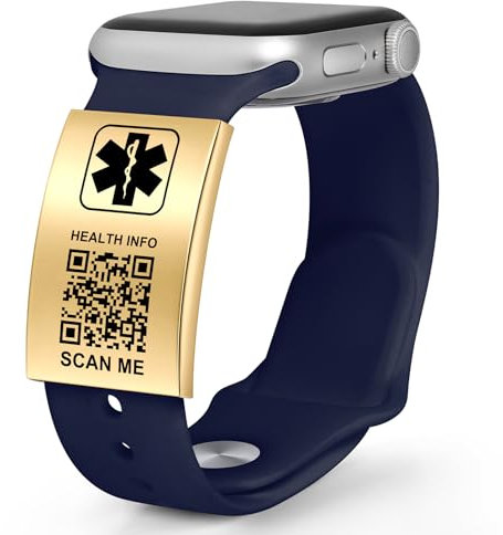 Theluckytag Plaque d'identification d'identification pour bracelet de montre avec code QR gravé - Plaque de sécurité pour Apple Watch - Pour montre connectée de sport - Plus d'espace personnalisé -