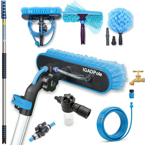 30ft IGADPole Telescopic Water-Fed Window Cleaning Pole Kit — Extendable High Window Cleaner with Brush, Squeegee, Cobweb Duster & Soap Dispenser — Solar Panel, Conservatory, Gutter
