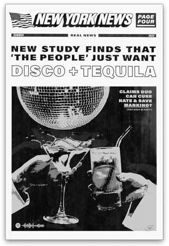 UNXIS Trendy Disco Tequila Ästhetisches Poster Drucke flippige Schwarz-Weiß Wandkunst Poster Trendy Vintage Musik Party Wanddekoration für Wohnzimmer Bar Wagen 40,6 x 61 cm ungerahmt