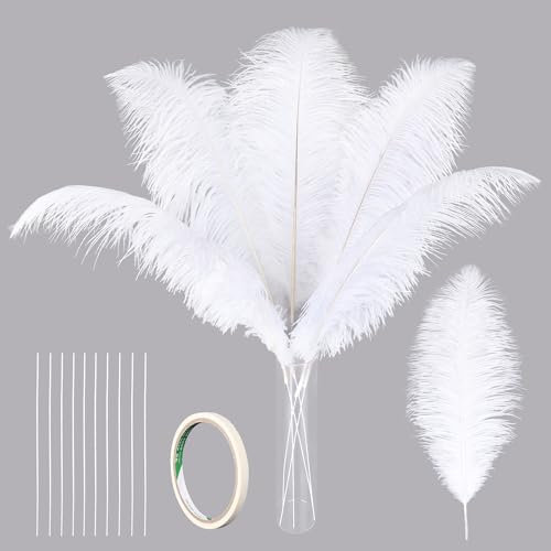 Crenze 10pcs Ostrich Feathers 12-14inch(30-35cm) with Extension Tubes for Home Wedding Decoration Offers 10 colors (White)