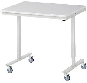 Elektrisch höhenverstellbarer Arbeitstisch, fahrbar, Melaminplatte, Plattenbreite 1000 mm.