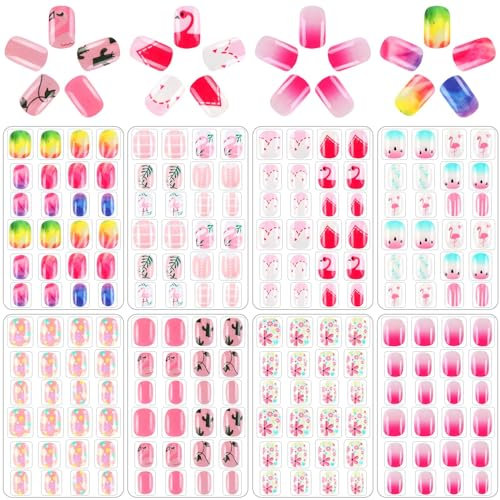 JANYUN 192Pcs Kids Fake Nails, Fake Pre-glue Full Cover Short False Stick on Nail for Kids Nail Art Decoration