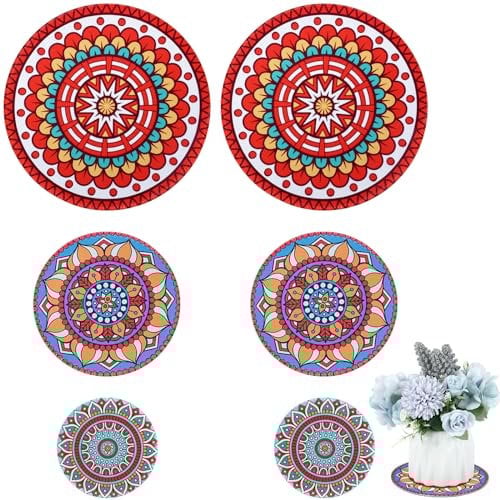 Nuanchu 6 Pcs Boho Plant Pot Coasters - 3 Sizes, Rubber Absorbent Non-Slip Pot Plant Pad Round Coaster Mat Gardening Indoor Outdoor Flower Protect Mat for Table Desk Floor, Colorful